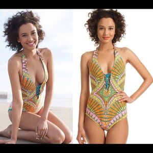 Trina Turk Capri Sherbet Orange Halter Lace Up One Piece Swimsuit 8